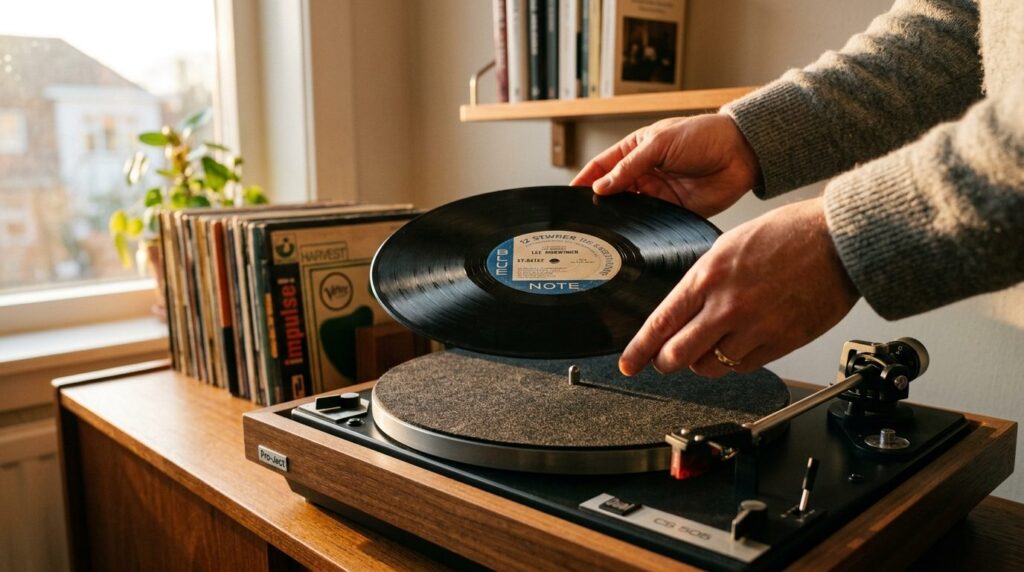 Close-up detail shot of hands placing a vinyl record on a tu