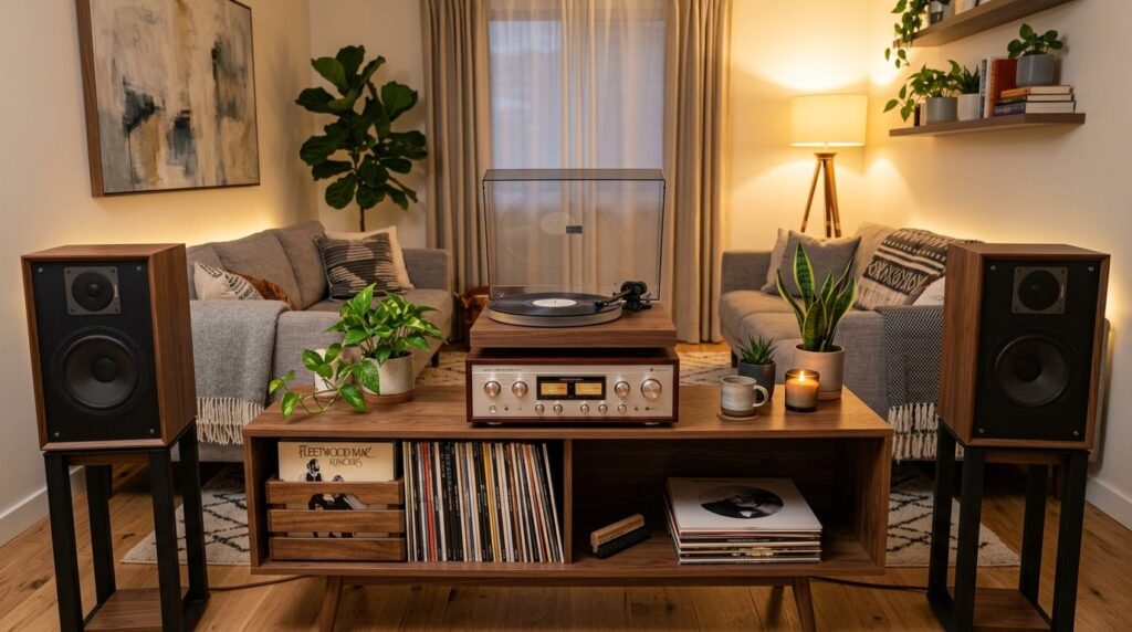 Elegant home audio setup featuring a high-fidelity turntable