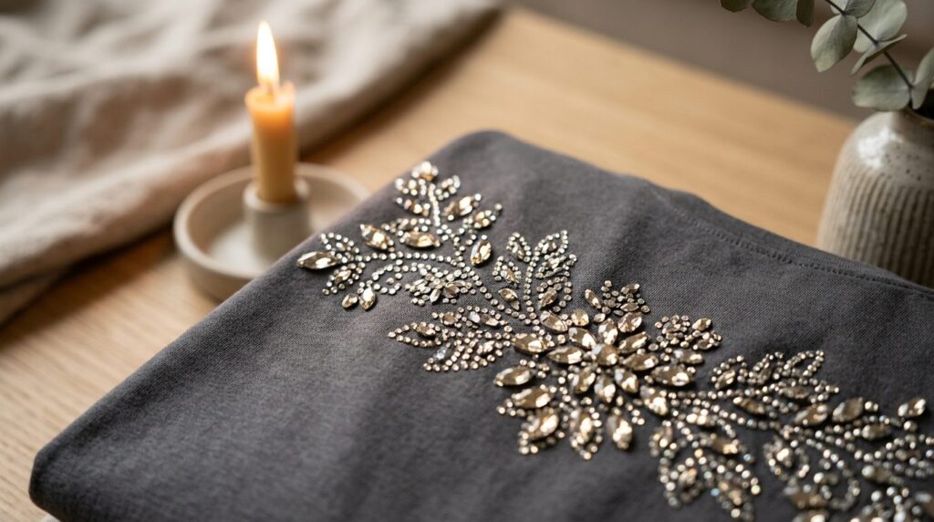 Close-up detail shot of luxurious rhinestone heat-transfer d