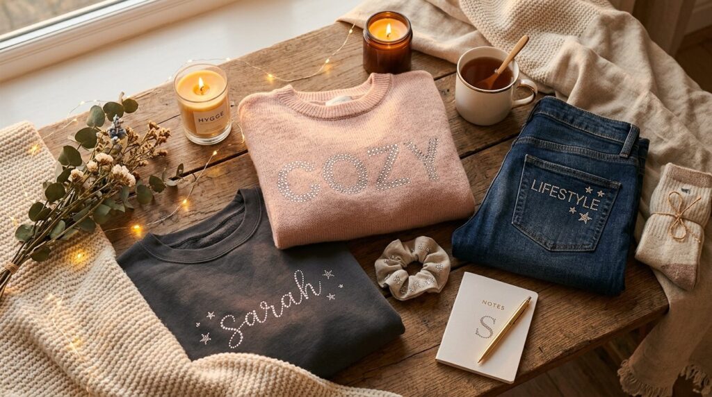 Flat lay composition of personalized rhinestone-decorated cl