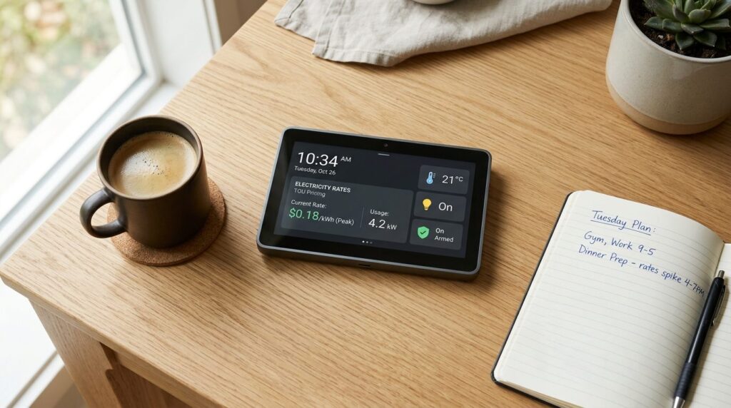 Close-up overhead view of a smart home control panel on a wo