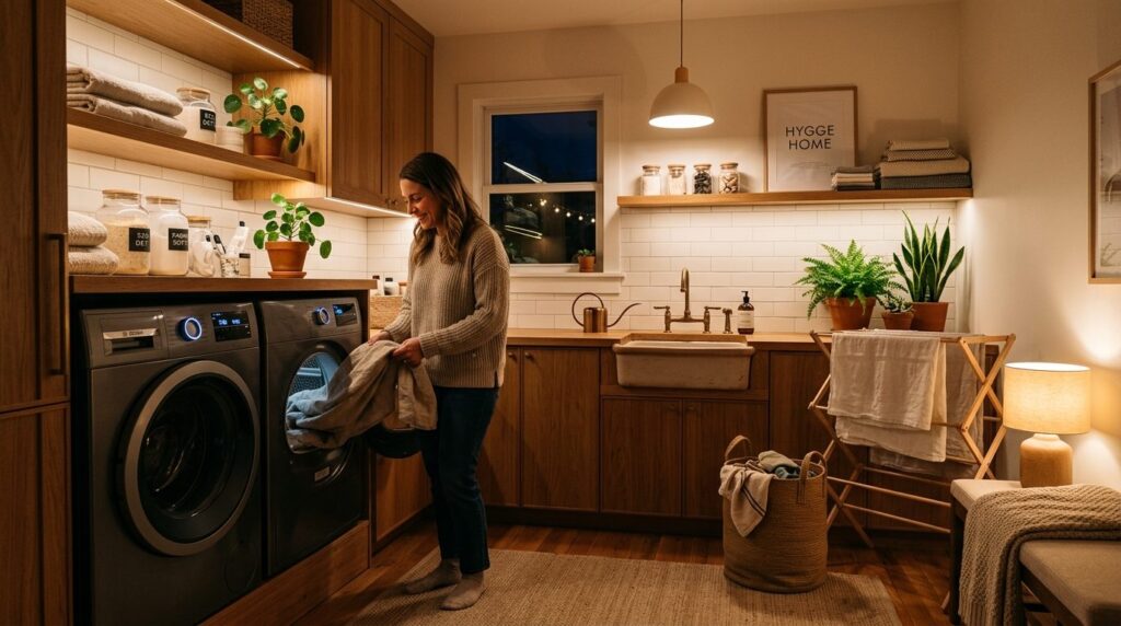 Cozy home laundry room at night with washing machine and mod