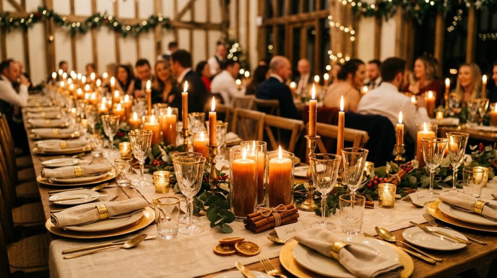 Warm intimate scene of an elegant dinner table prepared for 