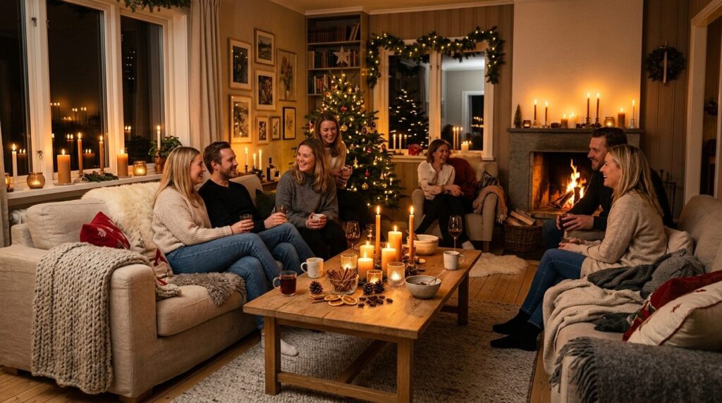 Scandinavian living room during a festive gathering with mul