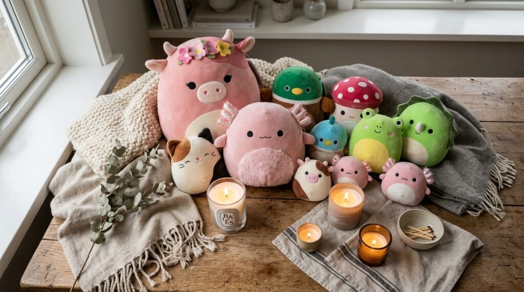 Flat lay styling of various sized Squishmallow plush toys ar
