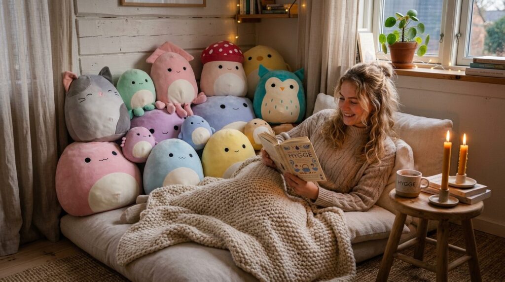 Comfortable reading nook with stacked Squishmallows plush to