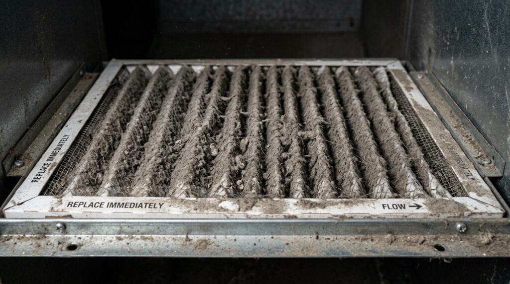 Close-up photorealistic shot of dusty air filter in ventilat