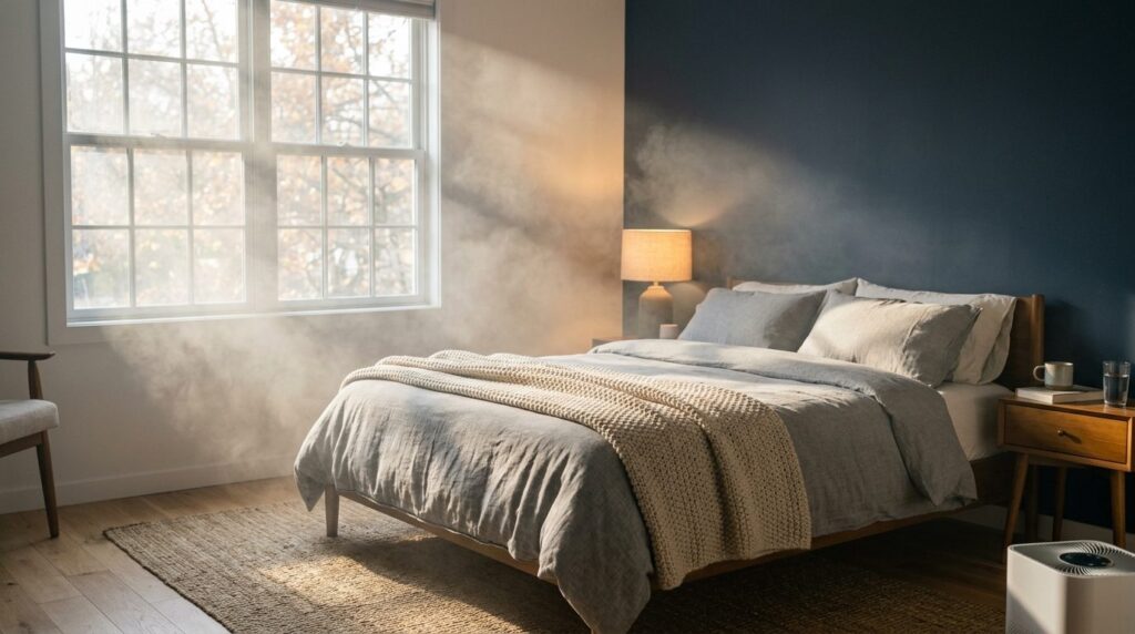 Photorealistic image of cozy bedroom interior with visible s