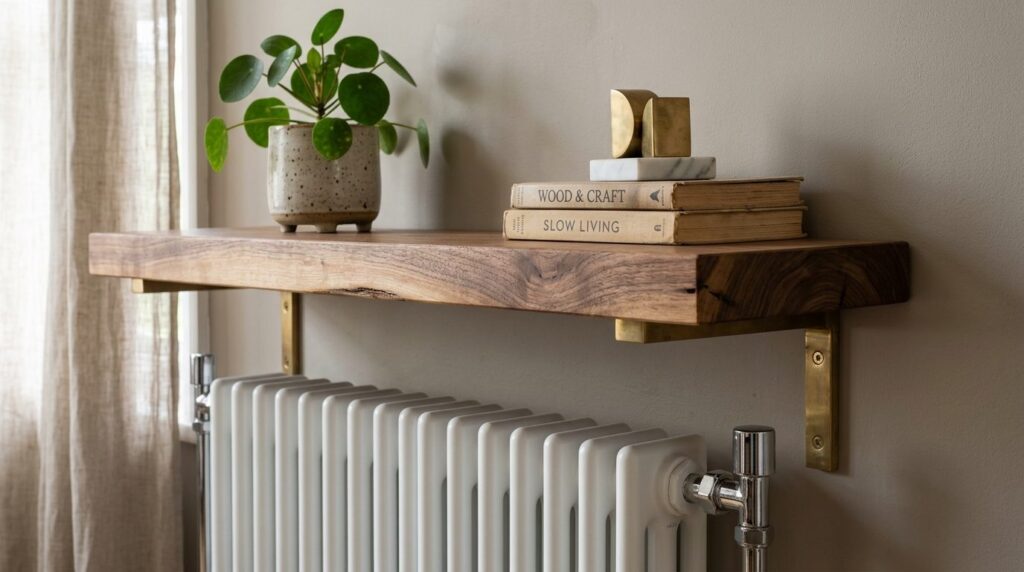 Close-up detail shot of a thick solid oak or walnut wooden s
