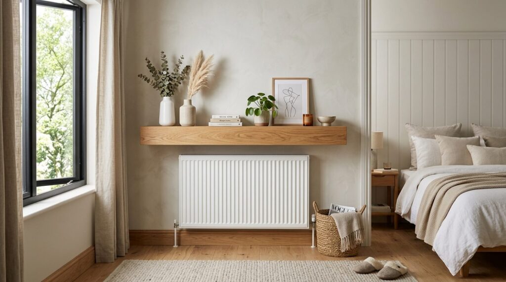 Wide angle view of a modern Scandinavian bedroom corner with