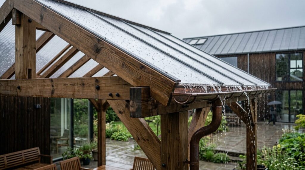 Close-up detail shot of high-quality wooden pergola construc