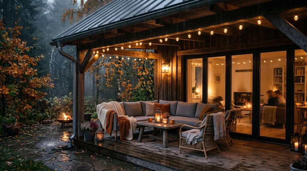 Cozy evening ambiance photograph of a covered terrace with w