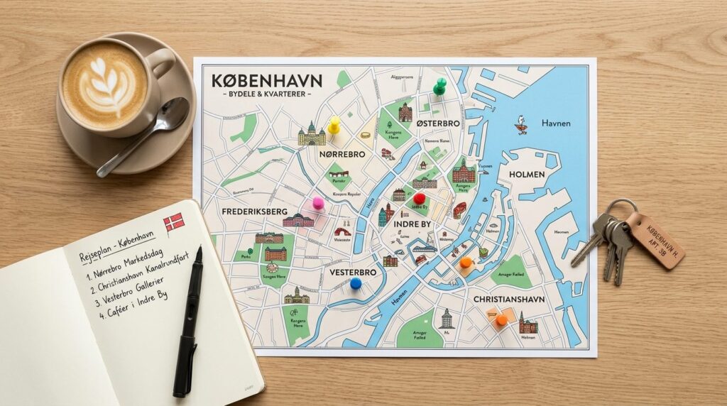 Overhead flat lay photography of a Copenhagen neighborhood m
