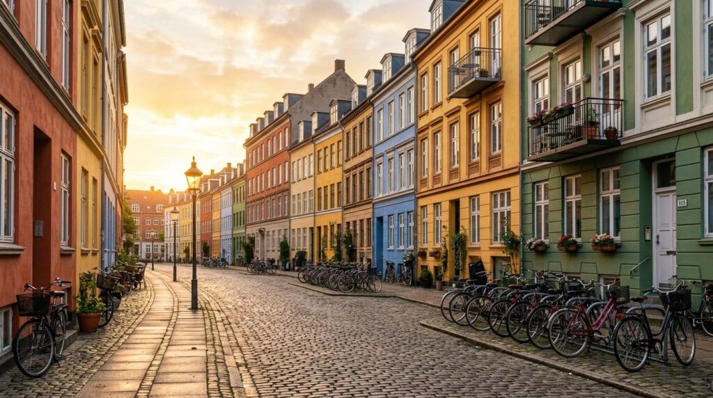 Wide establishing shot of a picturesque Copenhagen street in