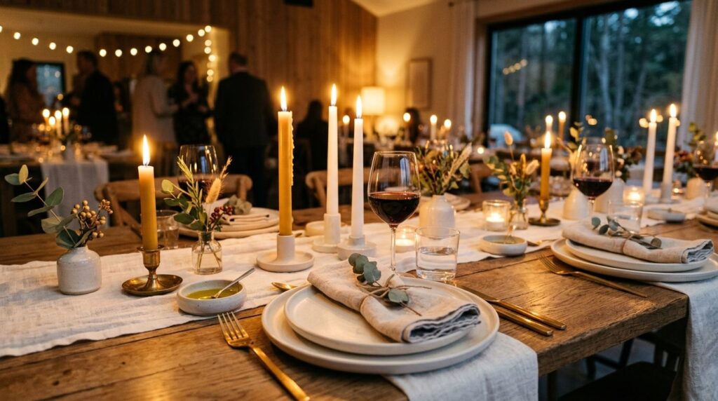 Close-up of carefully arranged candlelit table setting in a