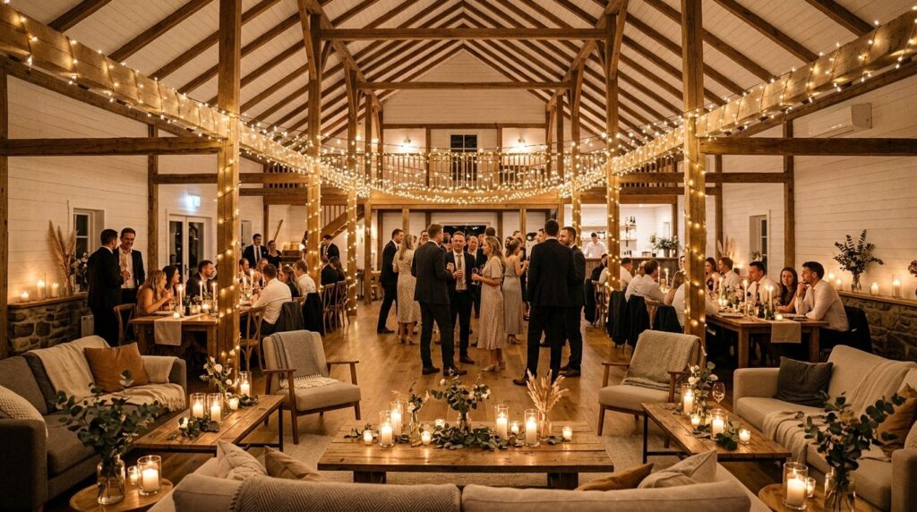 Wide shot of a Nordic-designed party venue with atmospheric