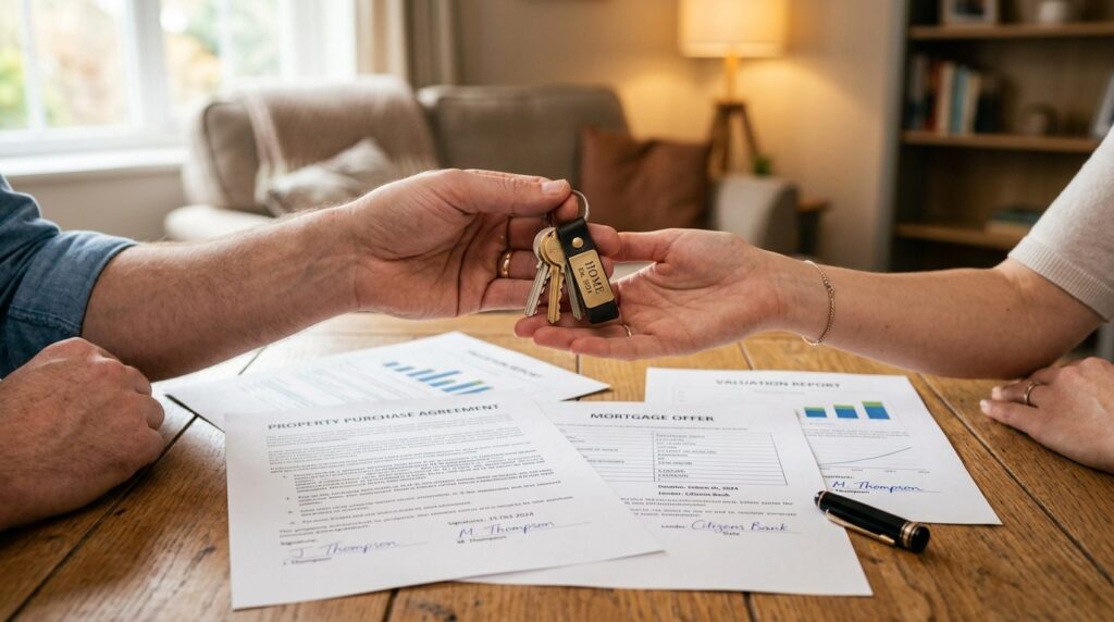 Photorealistic close-up of hands holding house keys above pr
