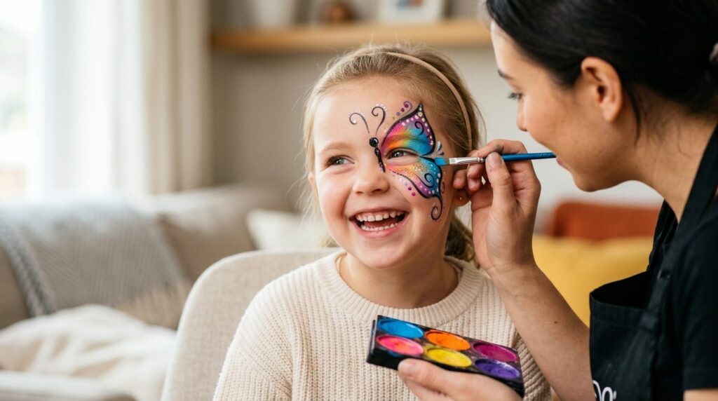 Close-up of childs face during professional face painting a