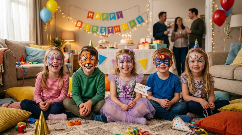 Group of children with creative face paint designs at home b