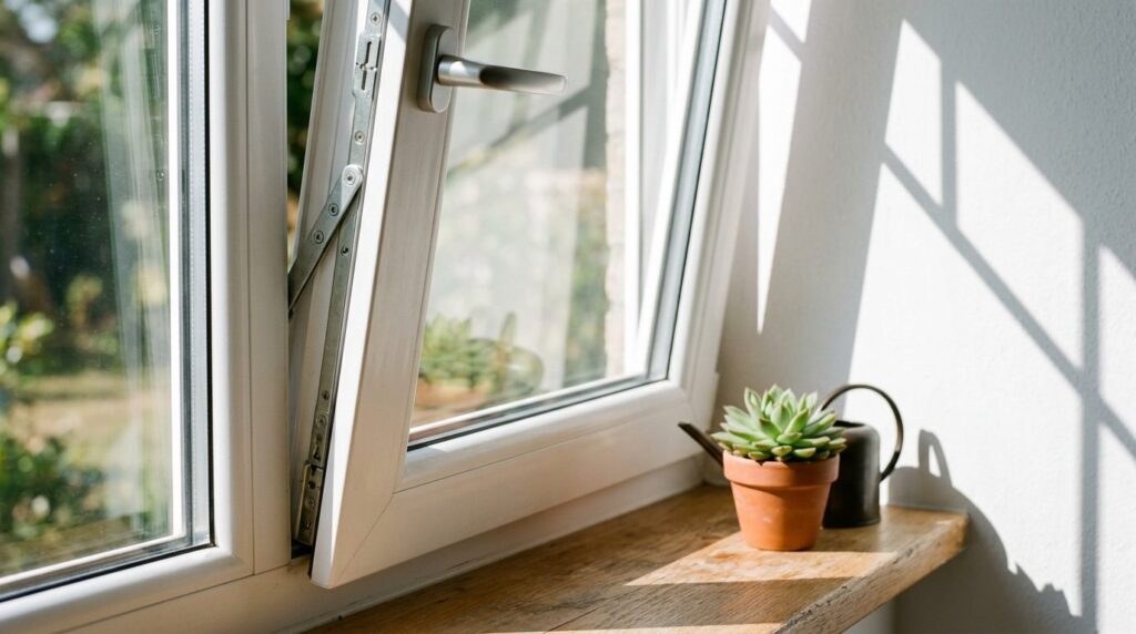 Close-up detail of white PVC kip window frame with hinged op