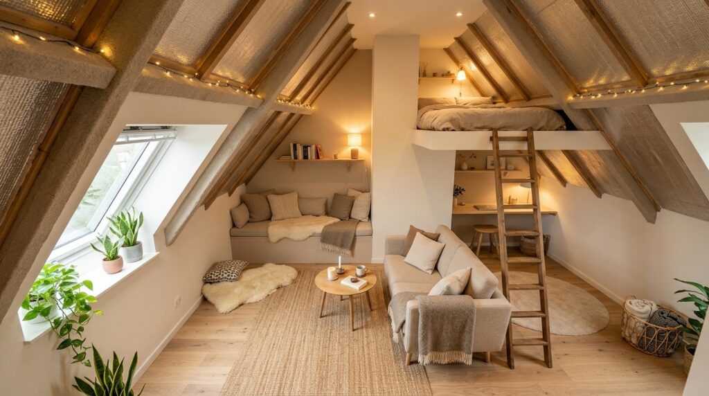Overhead view of a cozy attic loft interior with optimized v