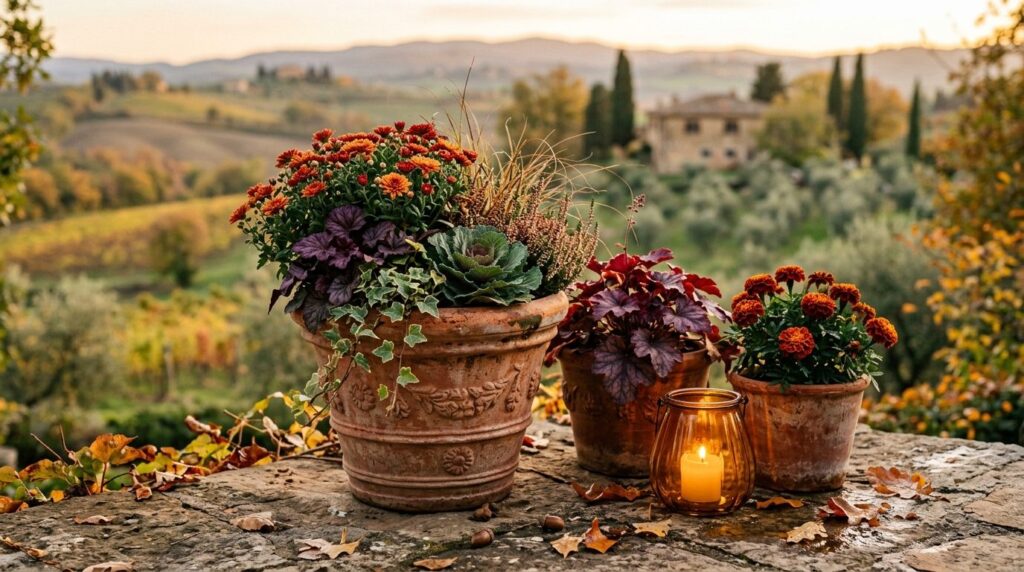 Close-up of frost-resistant terracotta pots in Italian Tusca