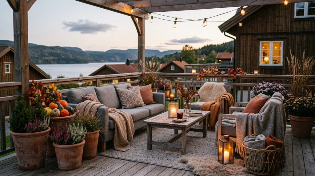 Scandinavian autumn terrace setup with large decorative terr