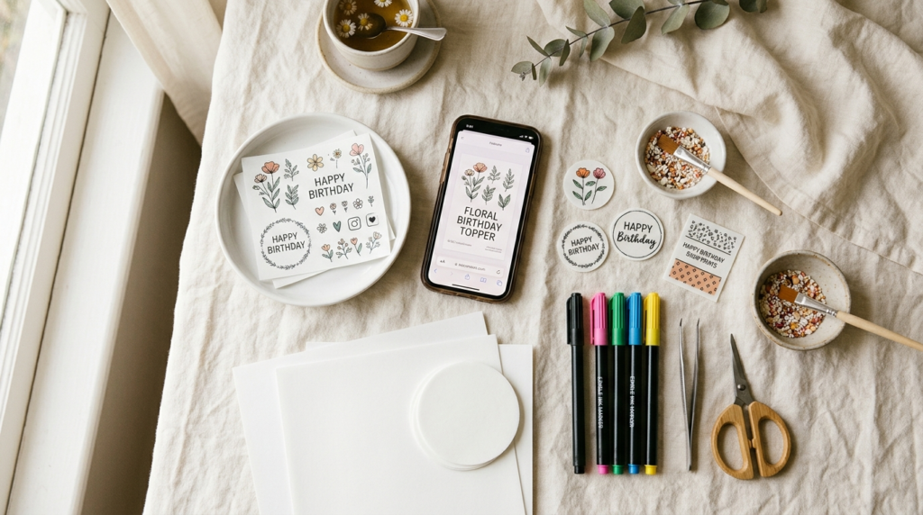 Overhead flat lay composition of DIY sugar print materials a