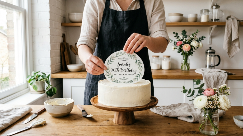 Wide shot of a home bakers hands carefully placing a person