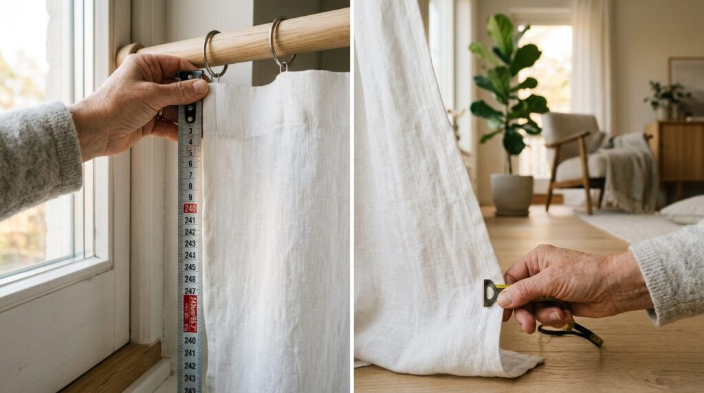 Close-up detailed shot of hands measuring white linen curtai