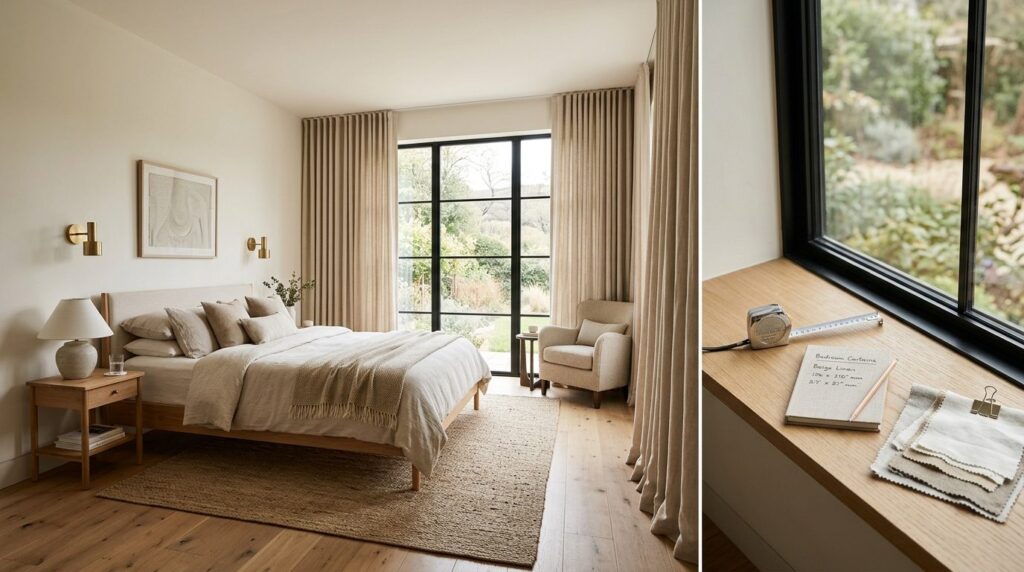 Wide interior shot of an elegantly styled bedroom with floor