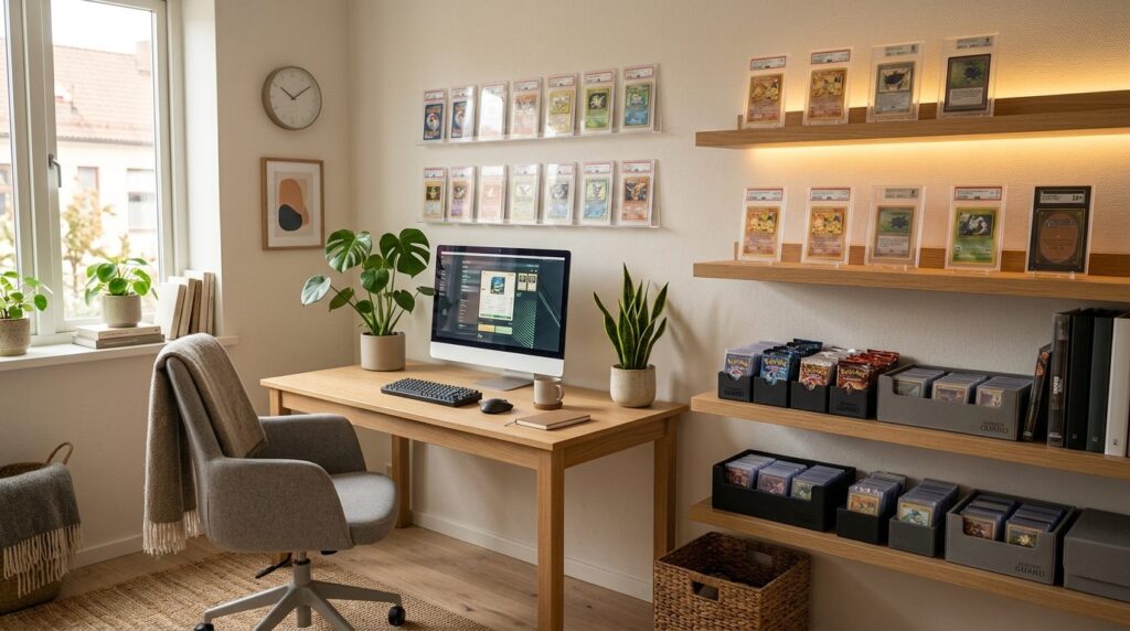 Cozy home office corner with a dedicated trading card collec