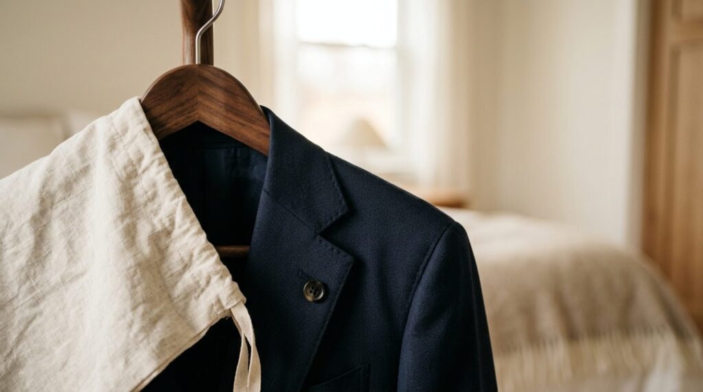 Close-up detail of a luxury tailored wedding jacket draped c