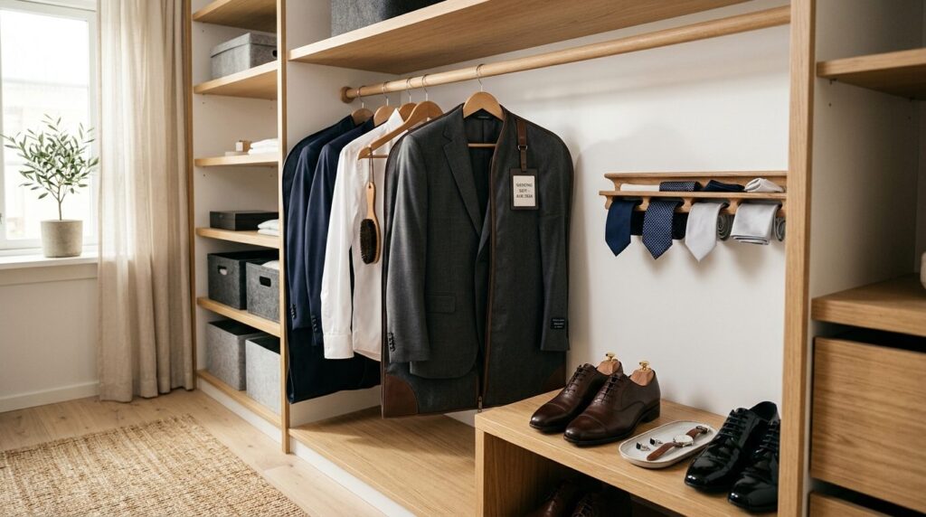 An organized mens closet corner dedicated to special occasi