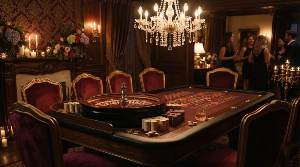 Close-up of elegantly decorated casino birthday party corner