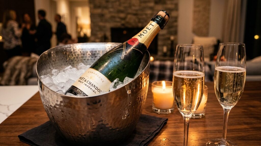 Close-up of champagne bottle in ice bucket with condensation