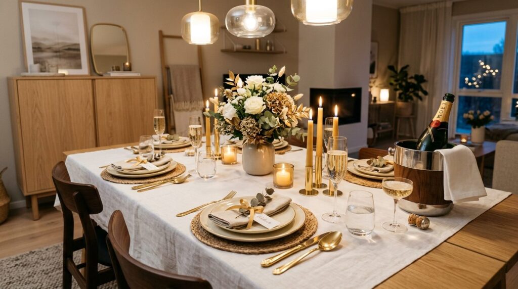 Beautifully decorated dining table for champagne celebration
