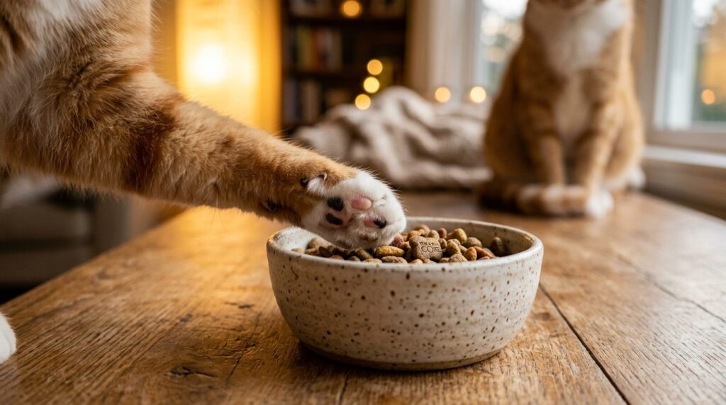 Close-up photorealistic image of a cats paw gently reaching