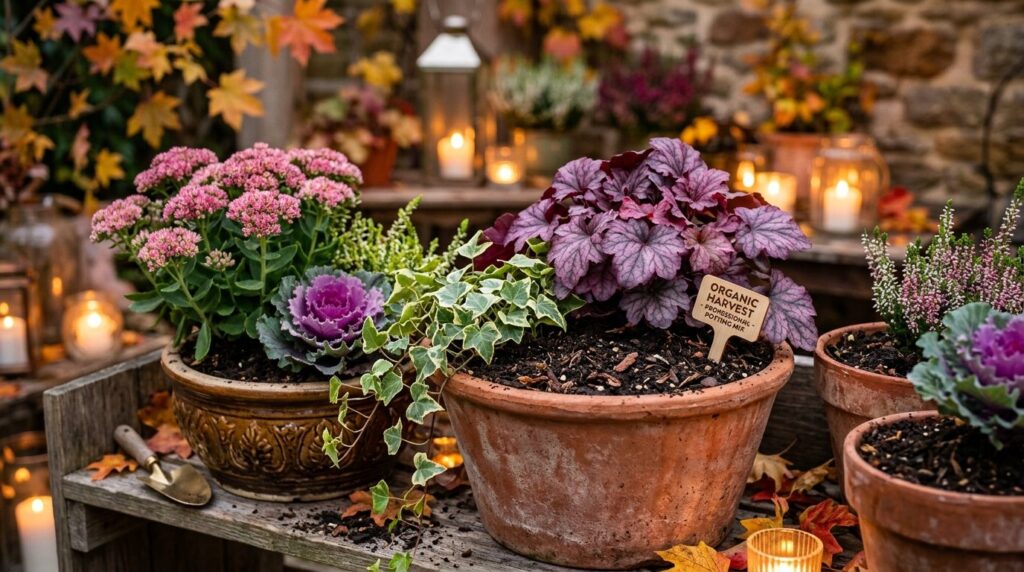 Close-up of thriving garden plants in containers with premiu