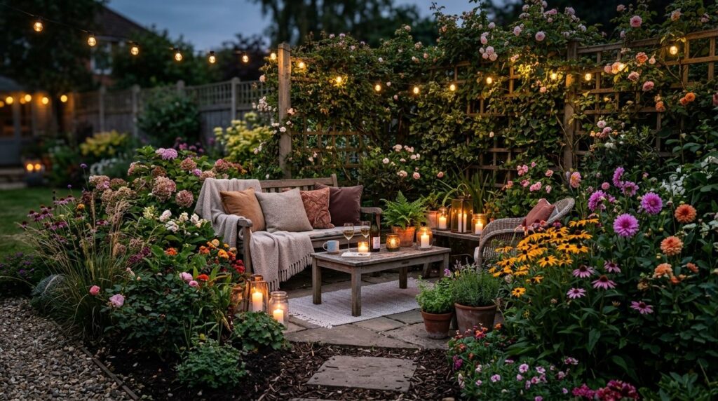 Intimate garden seating nook surrounded by flowering plants 