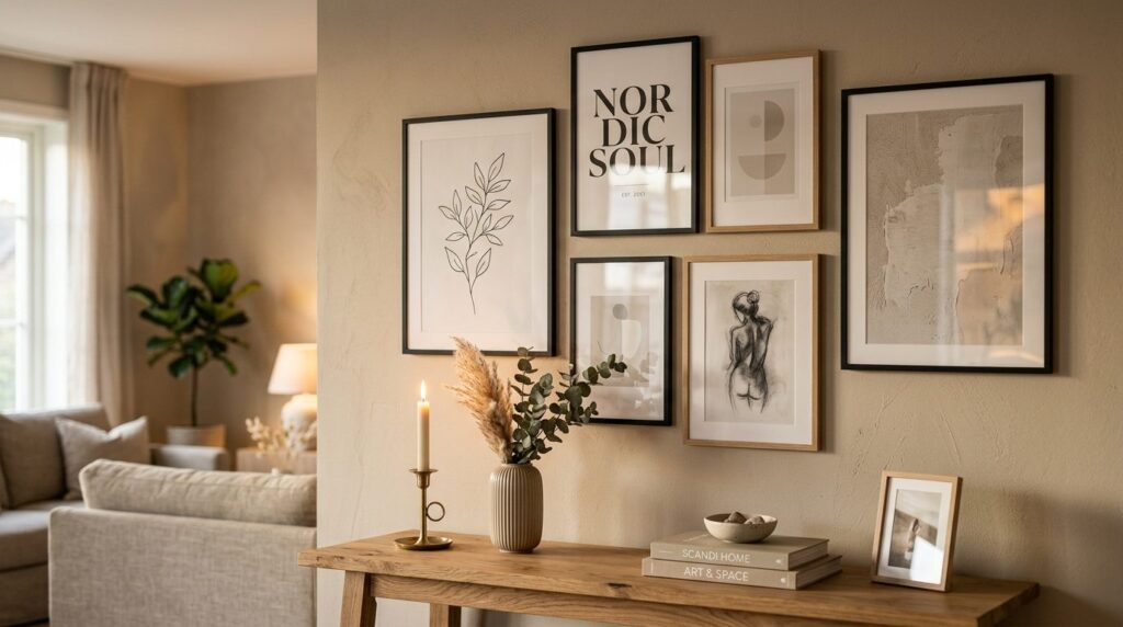 Close-up of elegant framed poster collection on living room