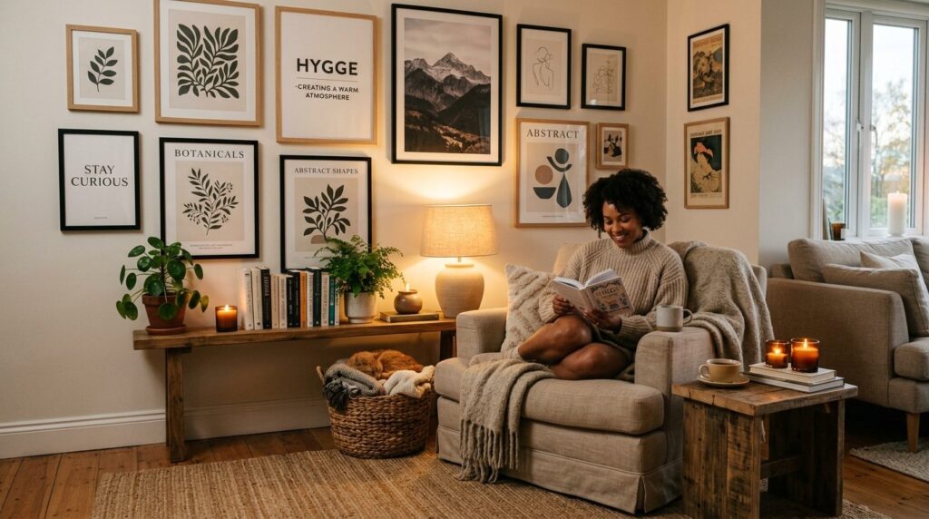 Cozy living room corner with carefully curated poster wall a