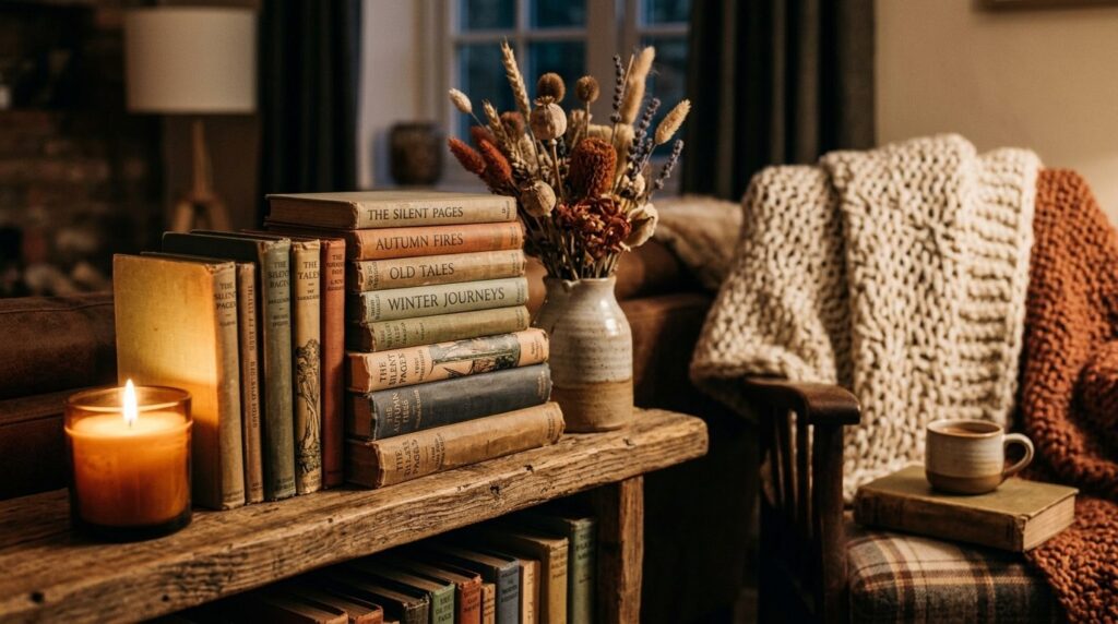 Close-up detail shot of a cozy reading corner with stacked v