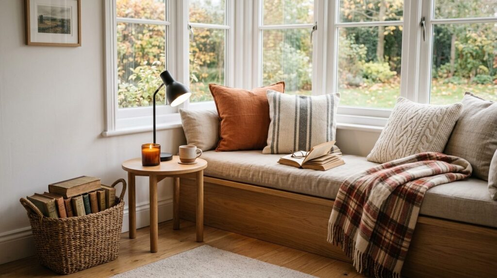 An inviting reading space under a large window with natural