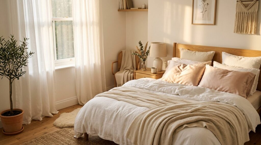 Scandinavian-inspired bedroom corner with layered bedding fe