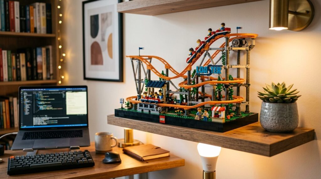 Close-up of an intricate LEGO Icons collector set displayed 