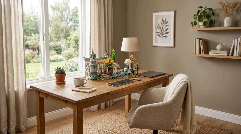 Serene home office corner with soft natural daylight, featur