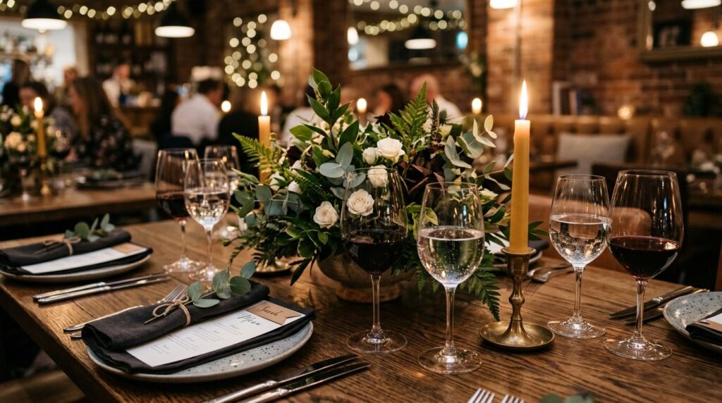 Close-up detail of sophisticated table setting with wine gla