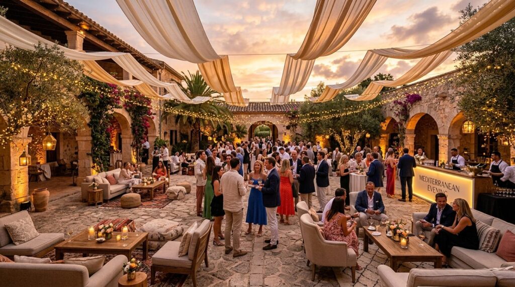Wide shot of a Mediterranean courtyard transformed with warm