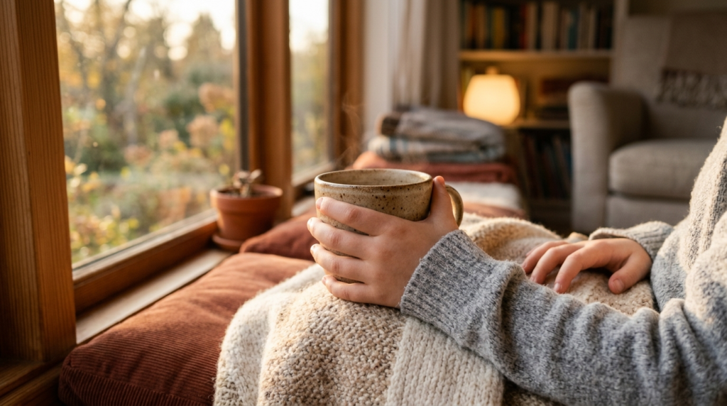Close-up of a childs hand holding a warm mug while sitting 